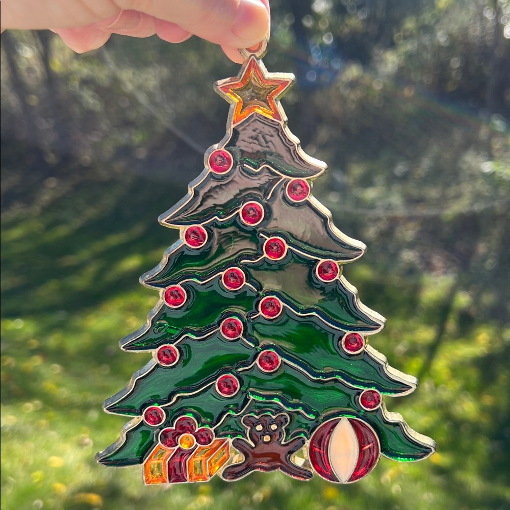 VTG Handpainted Stained Glass Style Christmas Tree Suncatcher Window Ornament